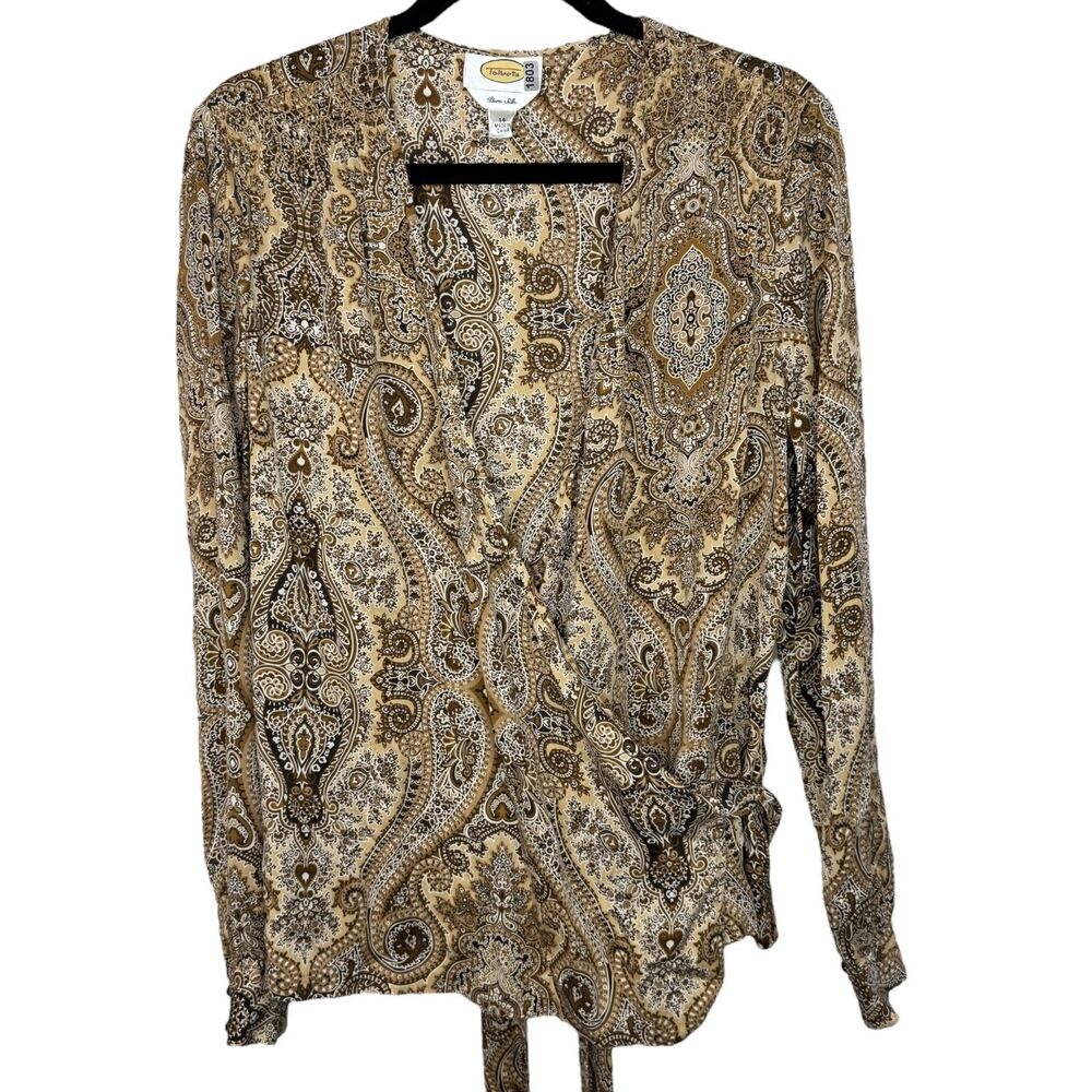 Talbots 100% Silk Paisley Wrap Blouse Brown Tan Size 14